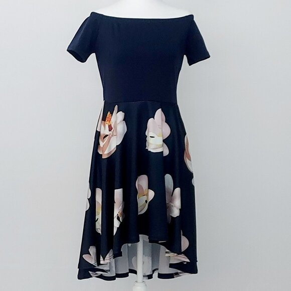 Off-the-Shoulder Women's High-Low Dress, Navy Blue Floral Pattern, Size Medium - Picture 1 of 11